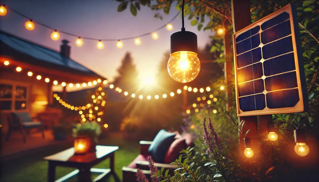 Comment fonctionne une guirlande solaire ? Guide complet 1 DALL·E 2025 02 01 16.58.47 A photograph of a solar string light hanging in a garden during the evening emitting a warm and cozy glow. The background features a soft ambiance wi
