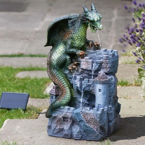 Fontaine solaire médiévale château et dragon